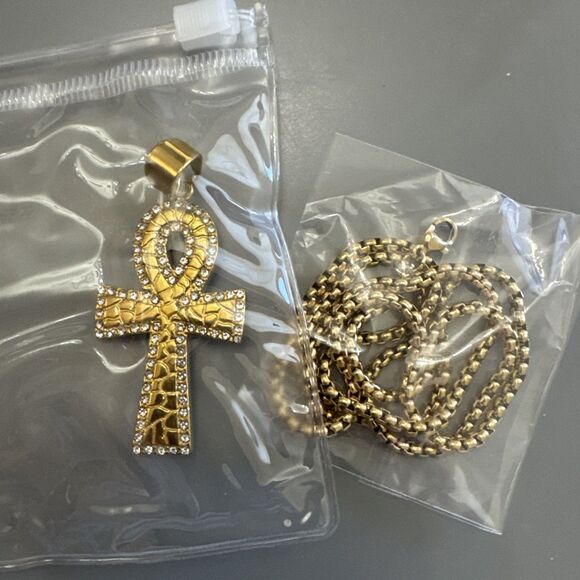 Gold Plated Cubic Zirconia Stainless Steel Egyptian Ankh Cross Pendant Necklace - Picture 6 of 6